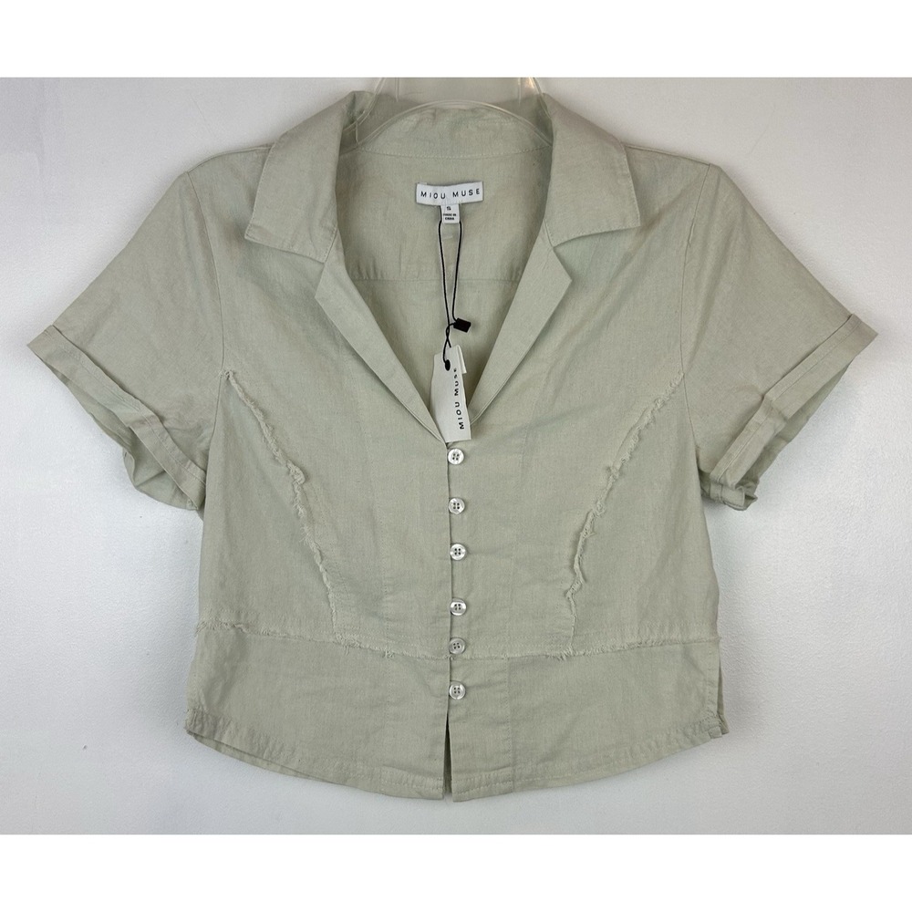 Miou Muse Top Womens S Button Beige Cotton Cropped Shirt New Minimalism Casual